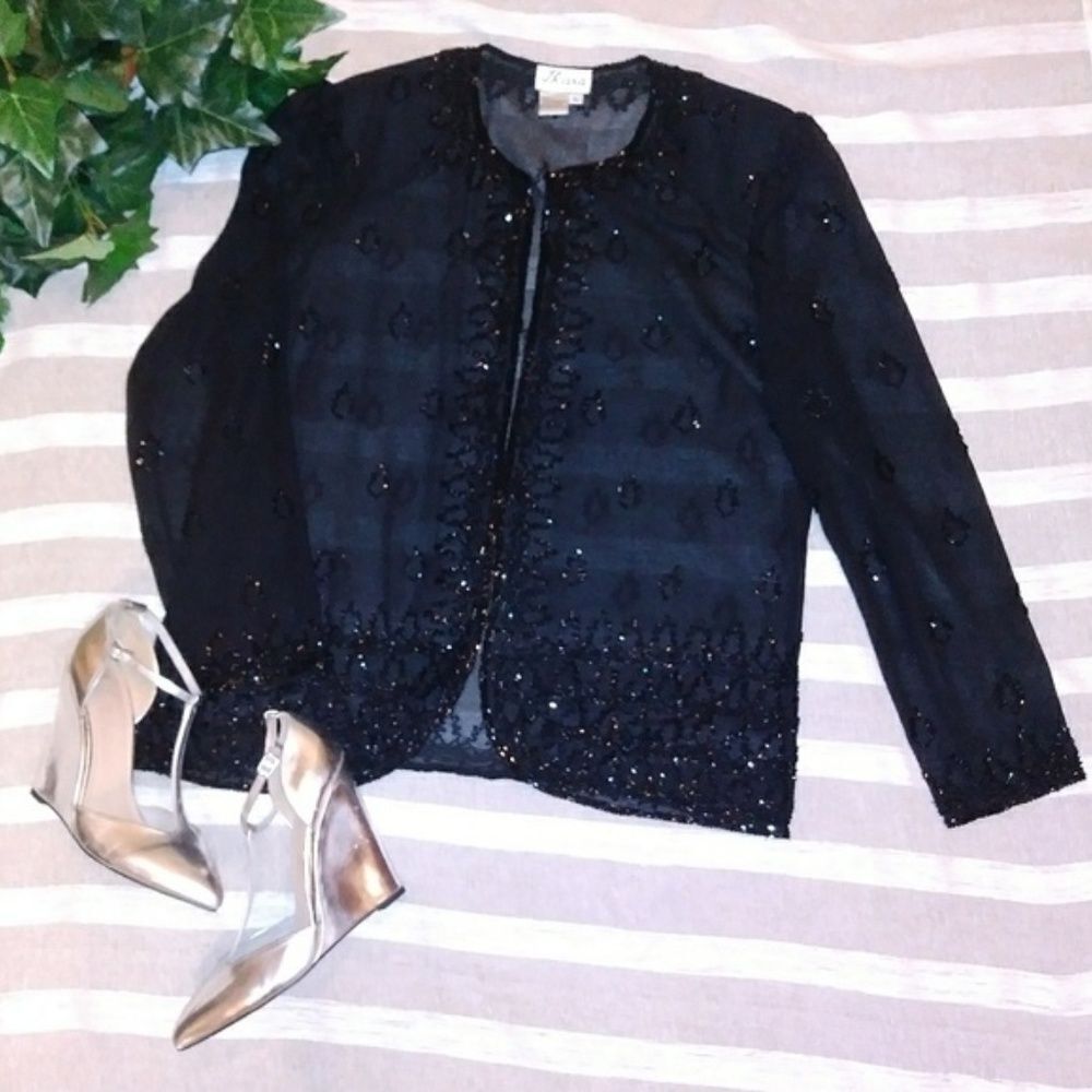 90s Vtg J Kara Black Beaded Chiffon Evening Jacket Sheer Silk Formal Blazer L